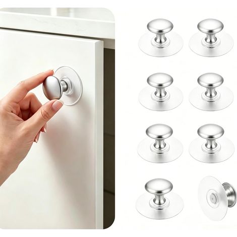 Lot de 8 Poignée de Meuble Cuisine, Argenté Autocollant Poignée de Porte, Socle Transparent en Acier Inoxydable Poignée Tiroir, Rond Boutons d'Armoire (1/5)