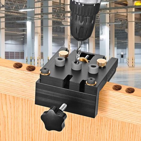 Kit di guide per trapano per lavorazione del legno, 6/8/10 mm, 3 in 1, localizzatore per punzonatrice per lavorazione del legno, posizionatori per fori di perforazione, kit di strumenti per fori tasca (1/4)