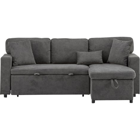 Canapé d'angle convertible en lit, canapé d'angle en L, canapé-lit extensible avec coffre de rangement et étagère intégrée, gris foncé (1/5)