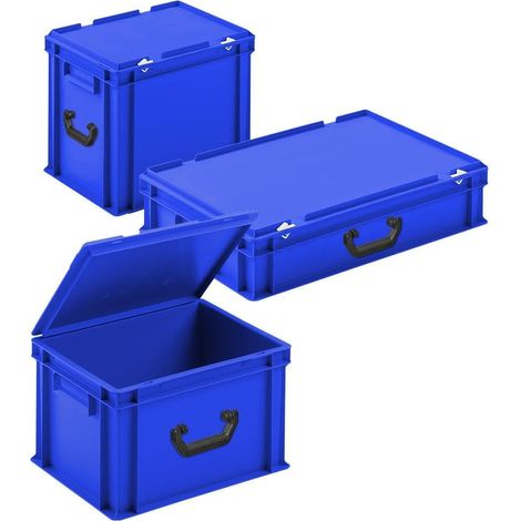 BRB 3er-Set Euro-Stapelkoffer aus PP-Kunststoff mit Griffleisten und Tragegriff (blau)