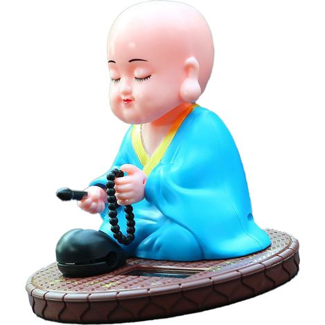 Petit moine solaire décoratif, statuette de Bouddha à tête oscillante et à coups de langue, pour tableau de bord de voiture, décoration de bureau ou de maison, cadeau du Nouvel An chinois, bleu (1/5)