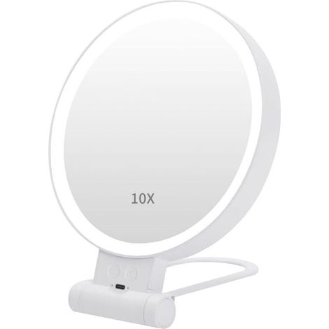 Miroir de maquillage LED grossissant x10 avec éclairage - Double face, pour coiffeuse, commande tactile, pour des soins de la peau précis (cadre blanc) (1/5)