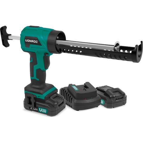 VONROC Pistola per silicone a batteria 20V - forza di estrusione 1,18kN/120kg - velocità variabile - adatta alle cartucce più comuni –  due batterie 2.0Ah e caricabatterie inclusi