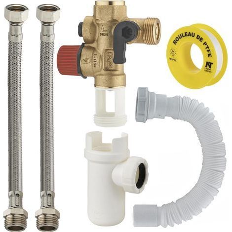 1 Kit Raccordement Groupe De Sécurité Droit, Siphon Orientable, Flexibles Inox, Pour Chauffe-eau (1/5)