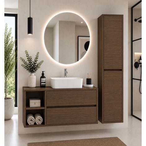 Mueble de baño con encimera de madera y lavabo sobreencimera ORIGENBATH ZEUS sin espejo 90x45 cm izquierda Fresno tea con columna