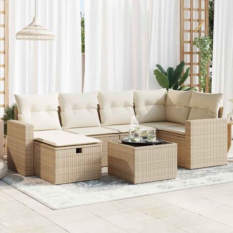 Set sofás de jardín 7 piezas y cojines ratán sintético beige (1/5)