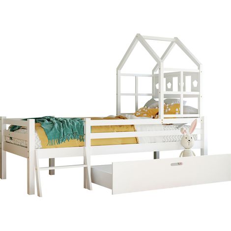 Lit cabane Lit d'enfant avec échelle et tiroirs, sommier à lattes inclus,Lit surélevé en bois massif avec protection antichute 90x200cm Blanc (1/5)