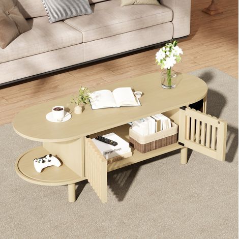 Tavolino da salotto ovale 100 × 40 × 38 cm, naturale, con ante e vano contenitore (1/5)
