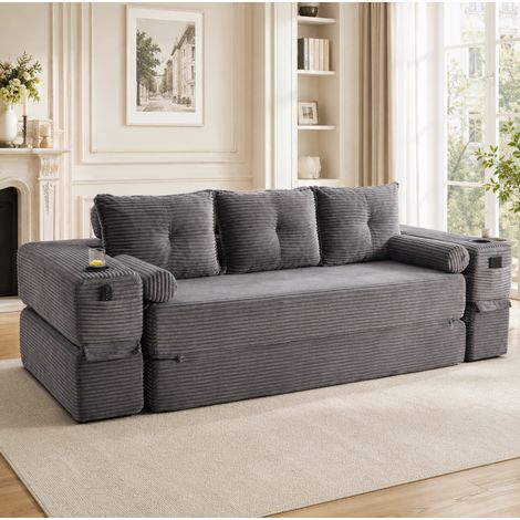 Divano letto 232x98x80 cm, modulare, con tasche laterali e portabicchieri, in velluto a coste grigio scuro (1/5)