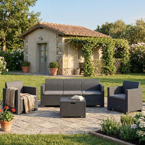 Dmora - Conjunto de salón de exterior Dmüh, Conjunto de jardín con cojines, Zona de estar interior efecto ratán, 100% Made in Italy, Antracita (1/5)
