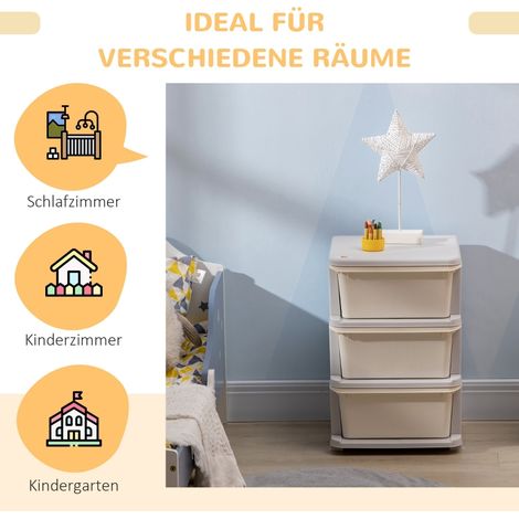 Boîte de rangement enfant 3 grands tiroirs, bords arrondis, plastique, 37x37x56,5 cm, blanc crème (1/5)