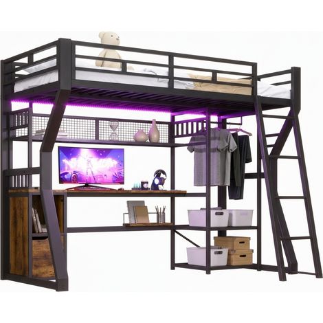 Cama alta 90 x 200 cm con escritorio, estantes, barra para colgar ropa, luz LED ajustable y enchufe integrado, estructura de metal y MDF, negra  CHICFURN (1/5)
