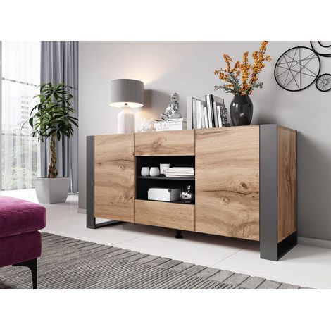 Bestmobilier – Buffet bas effet bois gris 164 cm – Style industriel – Panneaux de particules vernis – Résistant à l'humidité et aux rayures