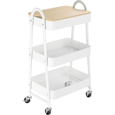 Cart of service to 3 levels, cart of kitchen to casters with handle, shelf with basket and cover, cart versatile for the kitchen, the desk and the bathroom, white (1/5)
