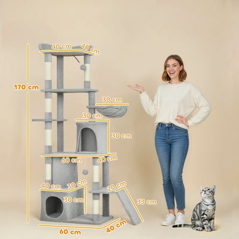 Arbre à chat 170 cm avec tunnel, niches, grande base et griffoirs sisal, gris clair (1/5)