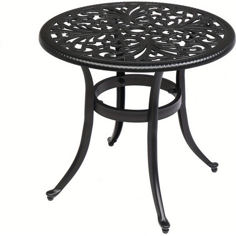 Table bistro ronde extérieure avec trou pour parasol. Aluminium moulé noir antique. Idéale jardin, véranda, piscine, balcon, terrasse. Facile à monter, peu d’entretien. (1/5)