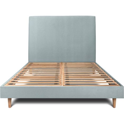 Lit 140x190cm avec tête de lit tapissier velours et sommier kit Gris bleuté - Hauteur totale : 29cm (1/5)