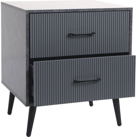 Comodino tavolino HHG-684, design 3D, 2 cassetti in legno melaminico, 55x48x41cm, aspetto marmo grigio (1/5)