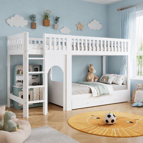 Kinder-Etagenbett 90 x 200 cm mit gerader Leiter, 4 Stufen und Rausfallschutz, weiß (1/5)