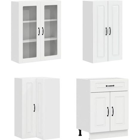 Unité De Cuisine KALMAR 8 Pièces Blanc Brillant, Bois D'ingénierie, Meuble De Rangement (1/4)