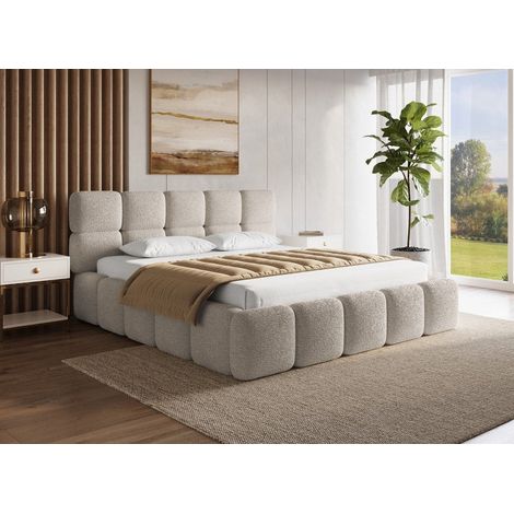 Lit coffre tissu bouclette taupe 180x200 cm BUBBLE