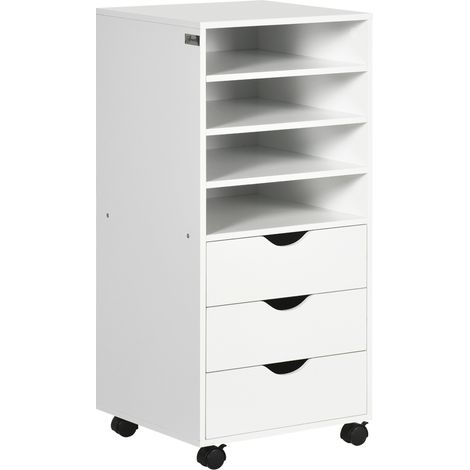 Vinsetto Cassettiera da Ufficio con 4 Ruote 4 Ripiani 3 Cassetti, Legno Bianco (1/5)