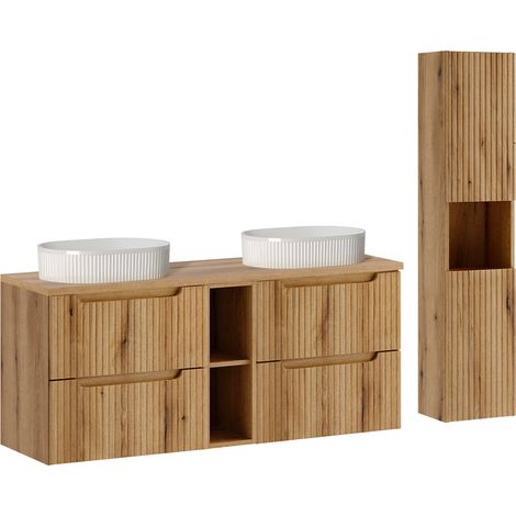 Conjunto de mueble con lavabo doble de 140 cm, 4 cajones, 2 estantes y columna «Riva Bois» (1/5)