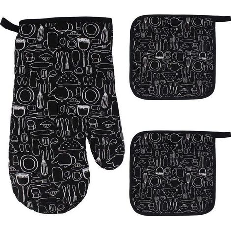 1 Gants de Four+ 2 Maniques, Grand Gants de Cuisine, Gants de Four à Micro-Ondes, Gant Coton Doublure, Mitaines de Four
