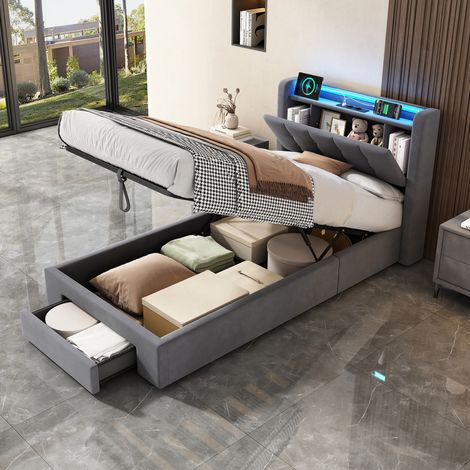 Lit coffre 90x190 cm, lit avec rangement et tiroir, tête de lit avec 2 prises électriques et 2 ports USB, LED, en velours hollandais gris foncé, sans matelas (1/5)
