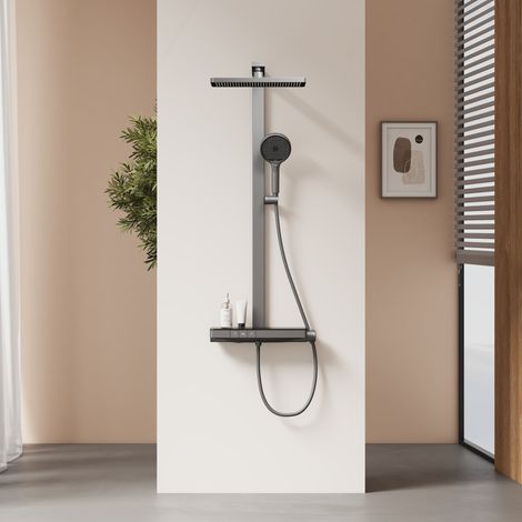 EMKE Duschsäule mit Thermostat Anthrazit mit 36cm Regendusche 4-Stufen Handbrause 40cm Glasablage Inkl. Chlor-Filter