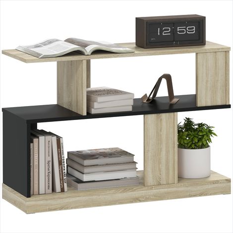 Table d'appoint design S pour salon, finition effet bois naturel et noir, 90x30x61 cm, 4 compartiments de rangement (1/5)