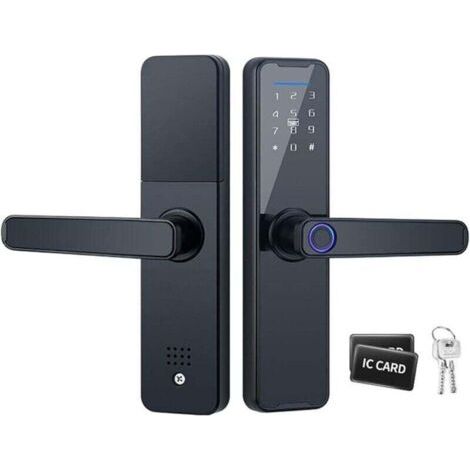 Serrure de porte intelligente à empreinte digitale avec poignée avec 2 clés mécaniques et 2 cartes IC pour hôtels, bureaux et maisons (1/4)