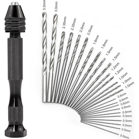Precision Mini Hand Drill Kit with 25 Twist Drill Bits (0.5 to 3.0mm), Precision Rotary Tools for Metal, Wood, Crafts, Jewelry, Assembly, Model Making (1/4)