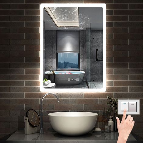 LED Spiegel Wandspiegel mit Beleuchtung Badspiegel mit Touchschalter+Beschlagfrei+Memory Funktion+3 Lichtfarben Dimmbar+Uhr 50 x 70 cm (1/5)