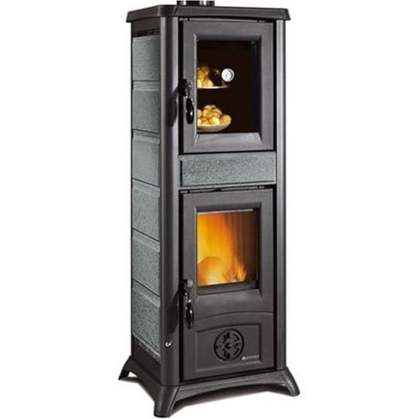 Nordica – Poêle à bois avec four 7.3 kW – Revêtement en pierre naturelle – Évacuation supérieure – Capacité de chauffe 209 m3 – Foyer en fonte (1/5)