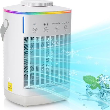 Rafraîchisseur d'air multifonction silencieux avec éclairage d'ambiance coloré, vitesses réglables, réservoir de 700 ml et fonction veilleuse. (1/5)