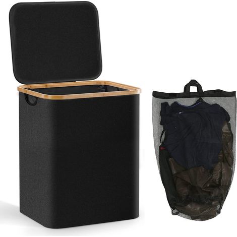MINKUROW Cesto para la ropa sucia L 66l - Cesto para la ropa sucia plegable con tapa - Cesto para la ropa sucia de tela de bambú con asa - Cubo de almacenamiento Cesto para la ropa sucia - Cestas para (1/5)