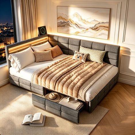 FOERPL-Divano letto imbottito 140 x 200 cm con LED e USB/Type-C, letto singolo imbottito 140 x 200 con 2 cassetti letto con rete a doghe per soggiorno camera da letto in lino