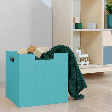 Boîte de rangement bois modèle 2 - poignées - Bleu turquoise - 33 x 33 x 37 cm (1/4)