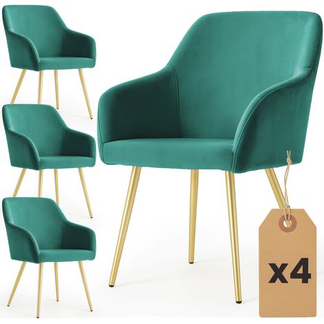 4er Set Glatte Velours Esszimmerstühle ESTELLE Dunkelgrün mit goldenen Beinen