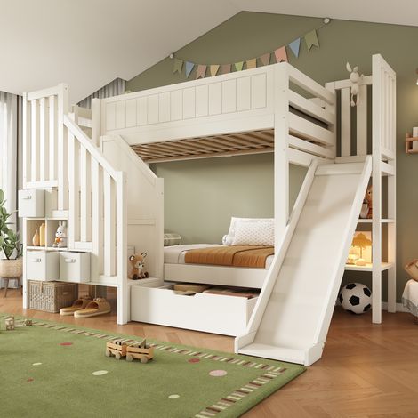 Lit superposé enfant 90x200 cm lit enfant avec toboggan rangements échelle tiroirs pin MDF Blanc (1/5)
