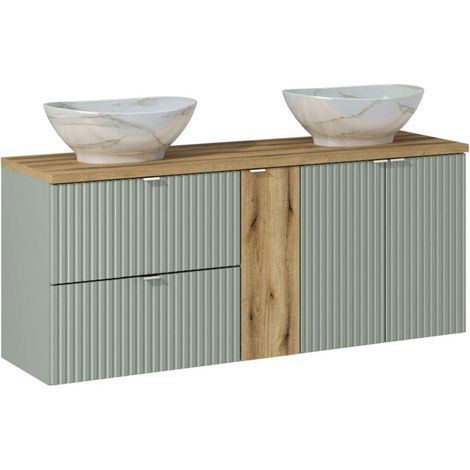 Conjunto ELVINA 140cm: muebles bajo lavabo con cajones y armarios + encimera para lavabo + dos lavabos sobre encimera marmoleados