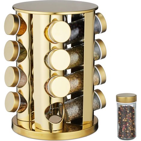 Tourniquet à épices, Acier Inoxydable, 16 Pots en Verre, Rotatif à 360°, HxD : 27,5 x 20 cm, doré (1/5)