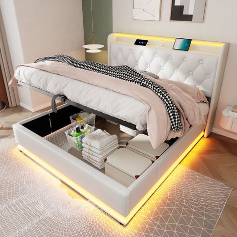 Lit double capitonné avec coffre 160x200 cm, PU blanc, LED 360°, tête de lit avec USB et Type-C (1/5)