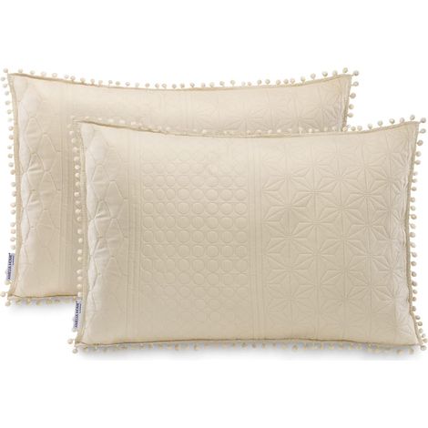 Lot de 2 taies d'oreiller avec Pompons surpiqûres ultrasoniques des Deux côtés 50 x 70 cm Beige (1/5)