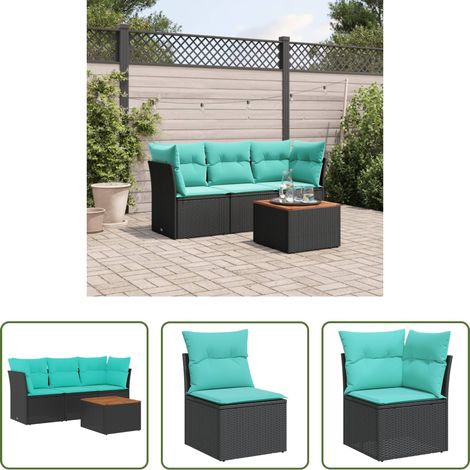 Gartentisch - 4-tlg. Garten-Sofagarnitur mit Kissen Schwarz Poly Rattan (1/5)