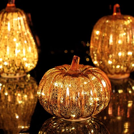 Lanterne Citrouille Verre - 16.5 x 14 cm - Avec 10 LED et Fonction Minuterie 6H/18H - Décor Automnal Halloween Thanksgiving - 1 Pièce
