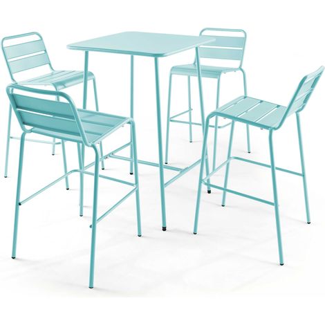Ensemble table de bar et 4 chaises hautes en métal turquoise - Palavas (1/5)