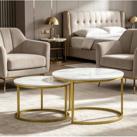Set de 2 mesas de centro redondas apilables blanco y dorado OKWISH (1/5)