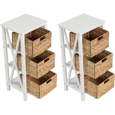 Set di 2 comodini a 4 piani, Tavolini laterali stretti con 3 cesti di giunc gambe in legno di acacia Bianco